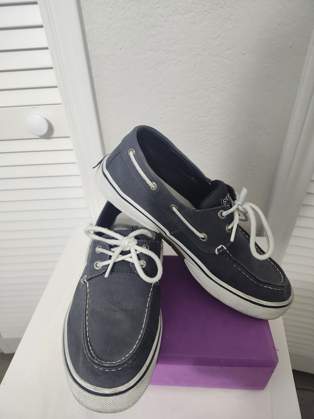 Sperry Navy Canvas Boat Shoes with White Laces